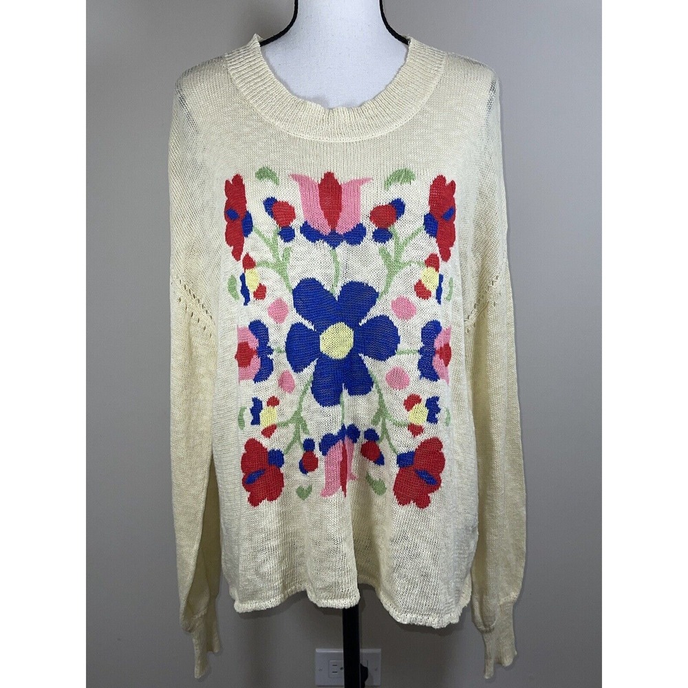 Wildfox Sweater Sz S Cream Pebbled Floral Distressed Knit Long Sleeves